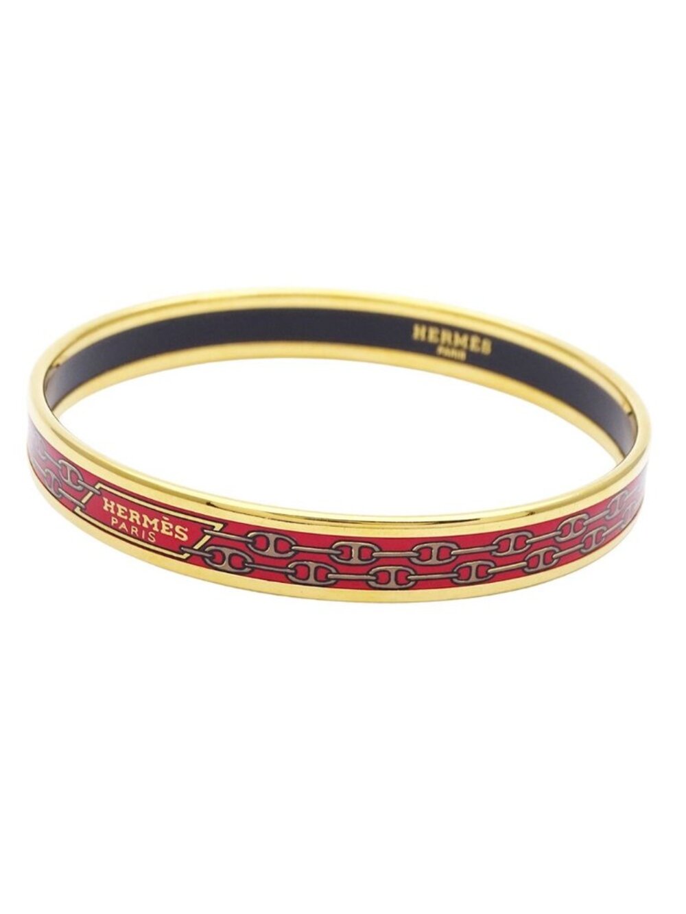 Hermes Bangle Enamel PM Metal Gold Red Cloisonne Bracelet